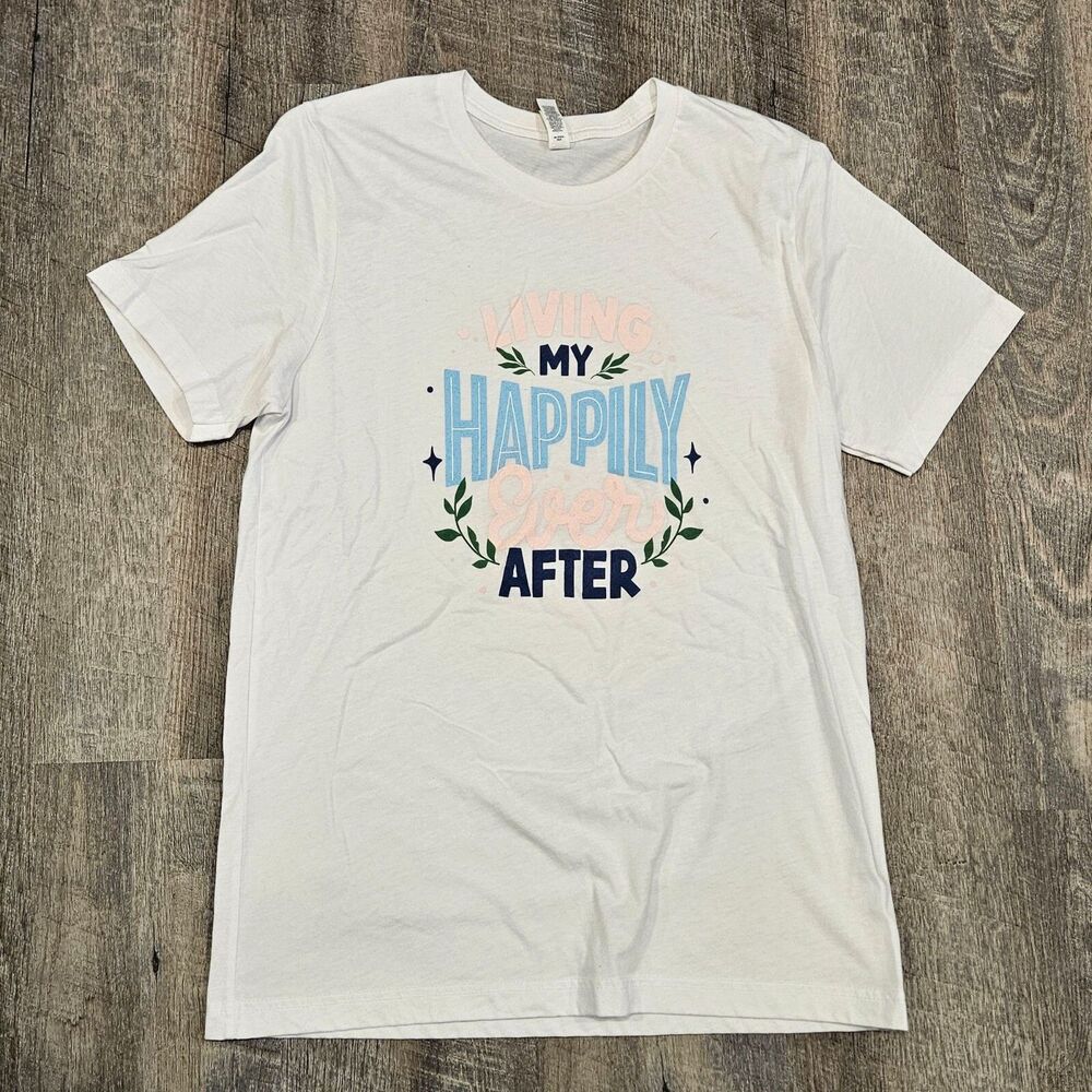 Bella Canvas Women's White Short Sleeve T-Shirt "Living Happily" Size Large